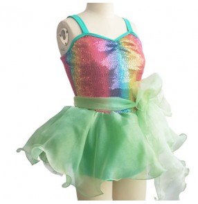 Neon green rainbow colored strap leotard girl kids children competition performance  tutu swan lake ballet dance costumes outfits